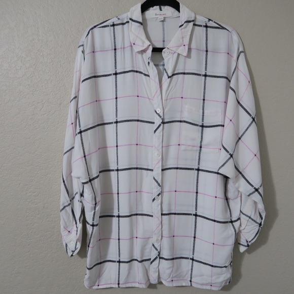 Vince Camuto White Grid Plaid Long Sleeve‎ Top Button Down Career Flowy - Picture 12 of 13